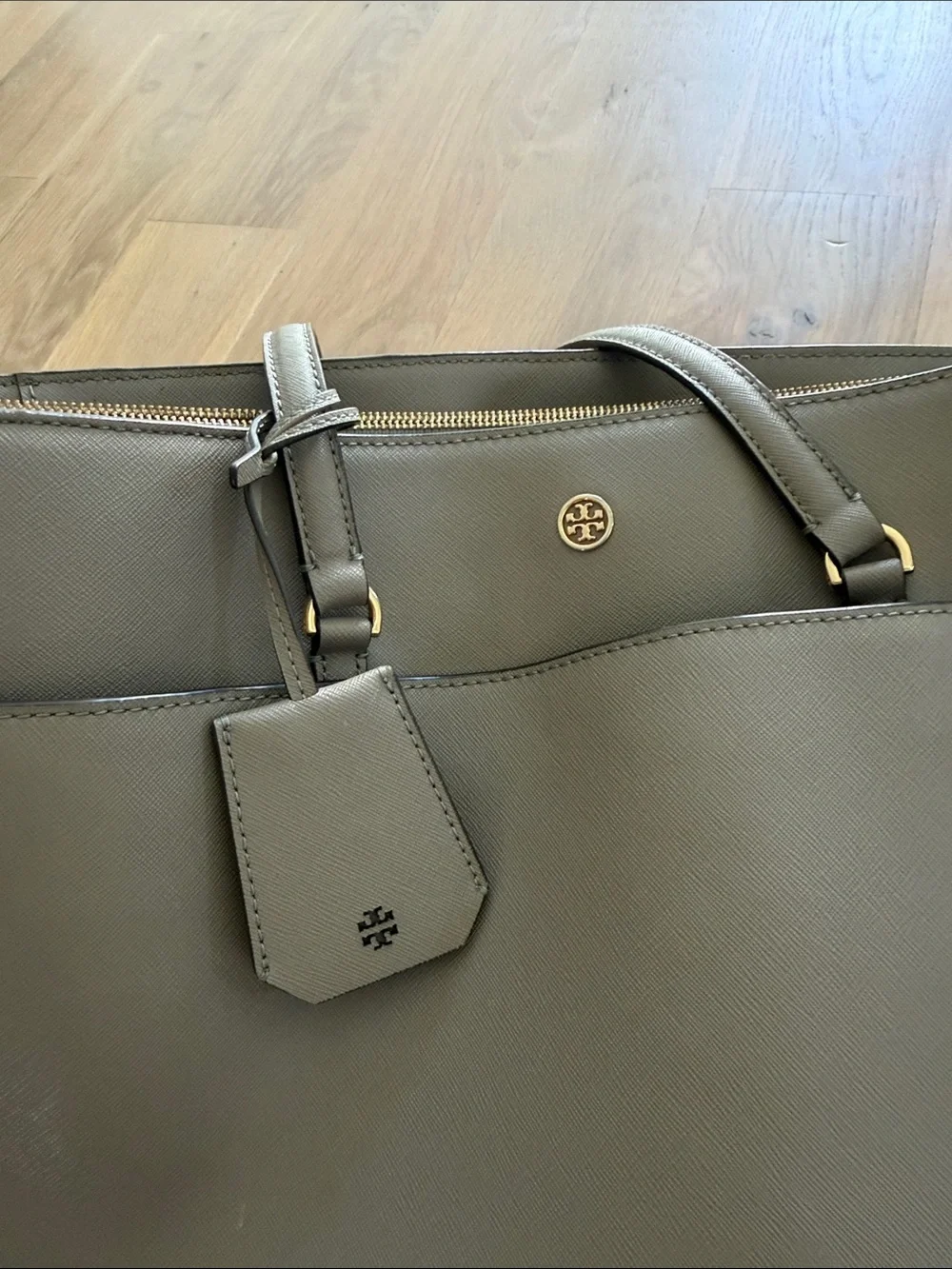 Tory Burch Light Taupe Leather Tote with Exterior Pocket